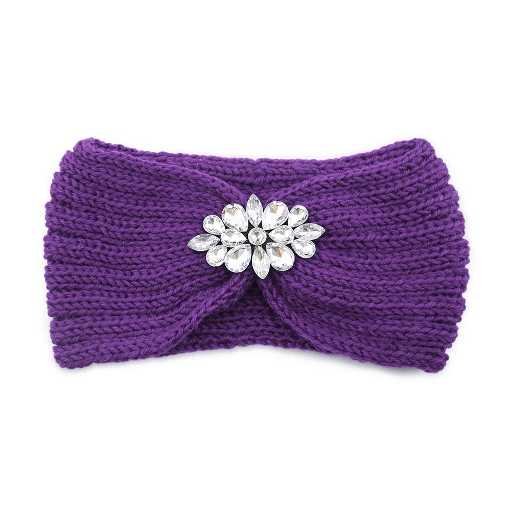 Elegant Women Rhinestone Knitted Hair Bands Ear Protection Headband Head Cover Face Washing Exercise Yoga Warm Wool Headwrap - NamafadStore