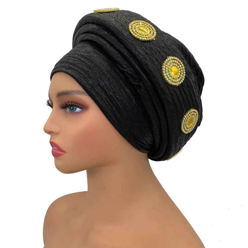 Already Made African Headtie Glitter Diamonds Women's Turban Cap Female Head Wraps Nigeria Wedding Auto Geles Party Headwear Hat