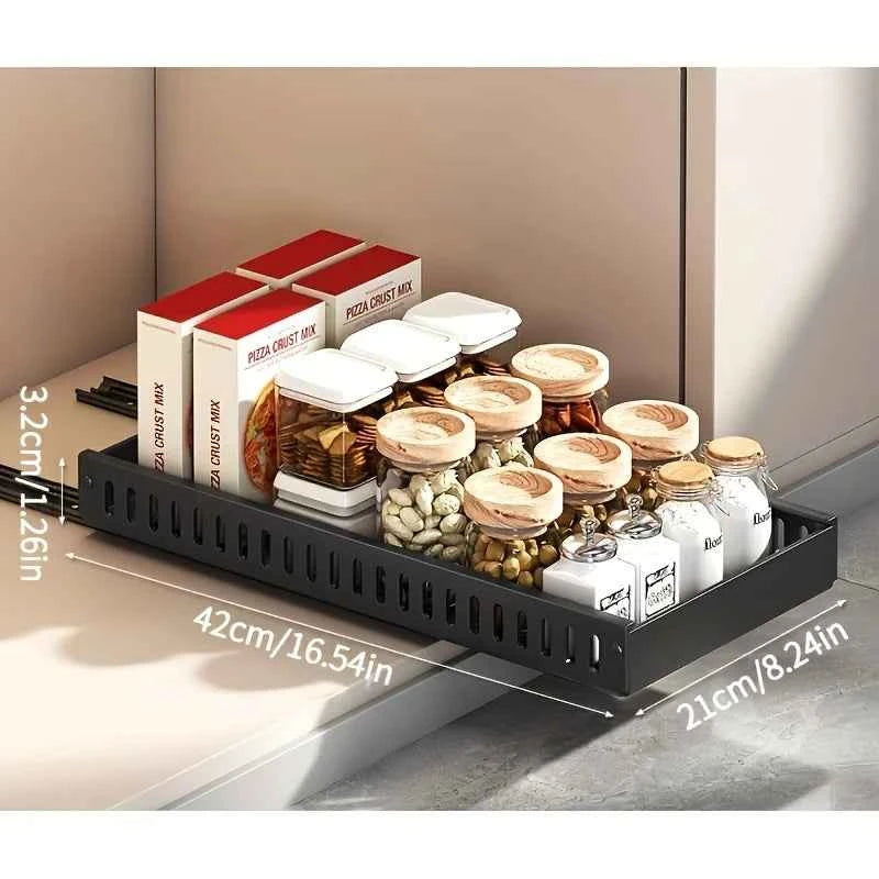 Adjustable Cookware Storage Rack, Kitchen Pull-out Shelf, Sliding Countertop and Dish Rack Inside Cabinets