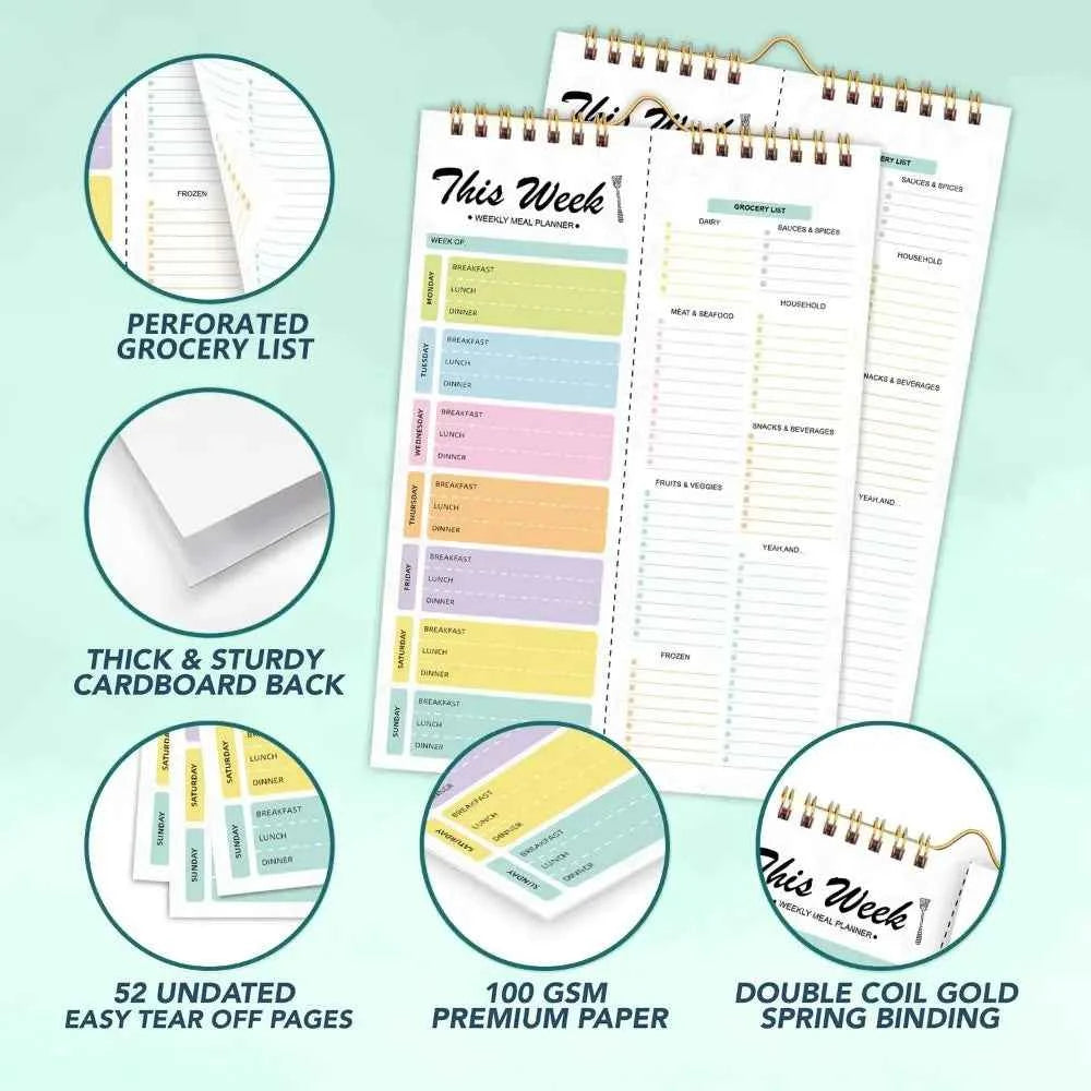 52 Sheets Meal Planning Pad Reusable Spiral Bound Weekly Meal Planner Wall-Mounted Tear-Off Design Schedule Management Book