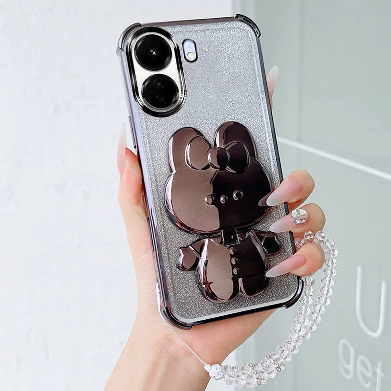Luxury Shockproof Phone Case with Cute Rabbit Makeup Swivel Stand Crystal Lanyard For Xiaomi Redmi 13C 4G Poco C65 Back Cover