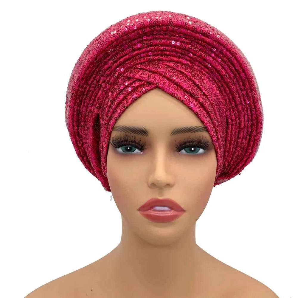Sequins Auto Gele Headtie African Women's Head Wraps Fashion Turban Cap Nigeria Wedding Geles Already Made Head Ties Headpiece