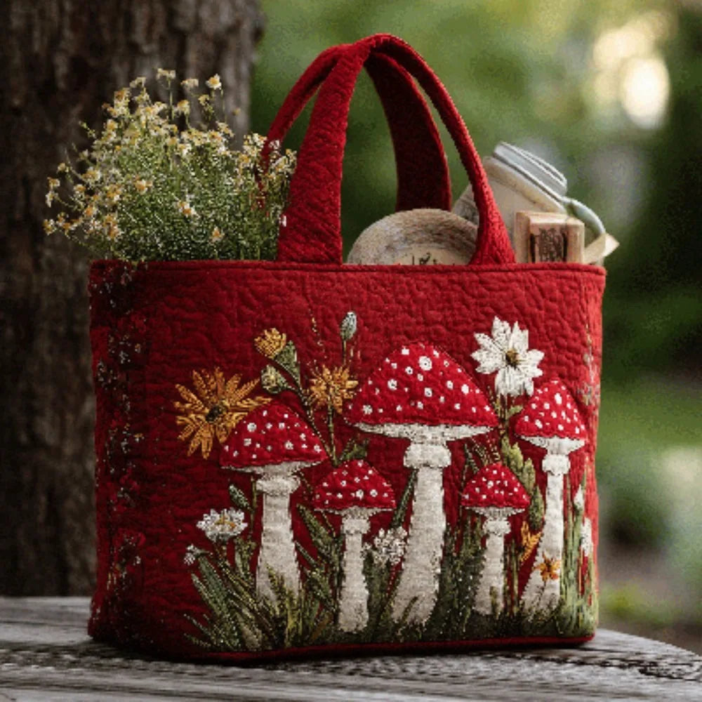 Vintage Women Quilted Tote Bag Lightweight Cotton Travel Handbag 2D Printed Patterns Large Capacity Canvas Shoulder Bag