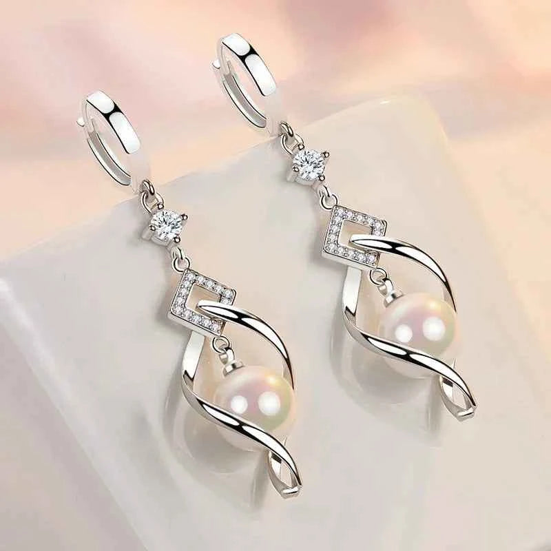 925 Sterling Silver Crystal Zirconia Natural Pearl Earrings, Women's Fashion Gorgeous Wedding Engagement Party Jewelry