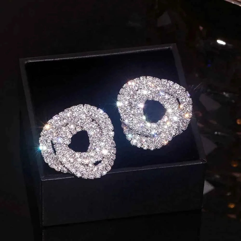 Luxury Shiny Colorful Rhinestones Stud Earrings for Women Bling Crystal Circle Flower Earrings Female Wedding Party Jewelry Gift