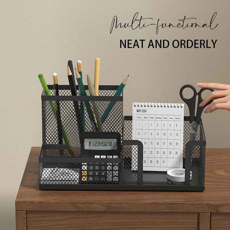Mesh Desk Organizer Office Supplies Caddy with Pencil Holder and Storage Baskets for Desktop Accessories, 3 Compartments, Black
