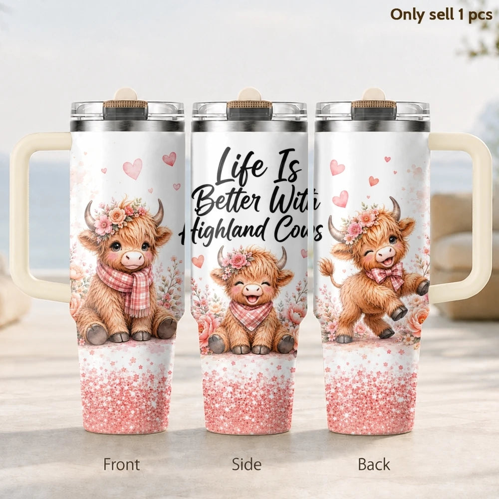 40oz Highland Cow Tumbler – Happy Life Insulated Stainless Steel Travel Mug