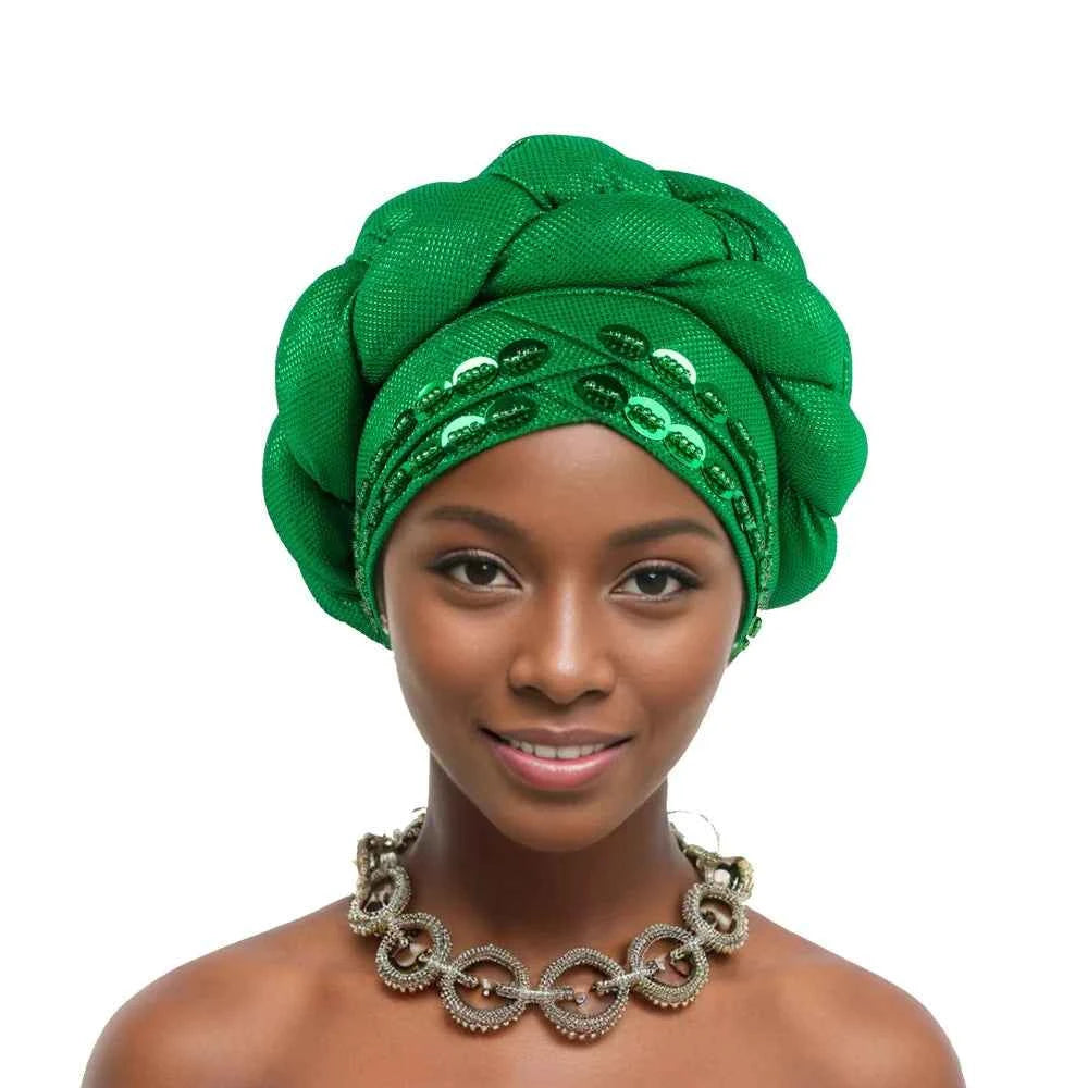 2025 Latest African Auto Gele Headtie Already Made Headties Shinning Turban Cap for Women Ready Nigerian Hijab Braid Head Wraps