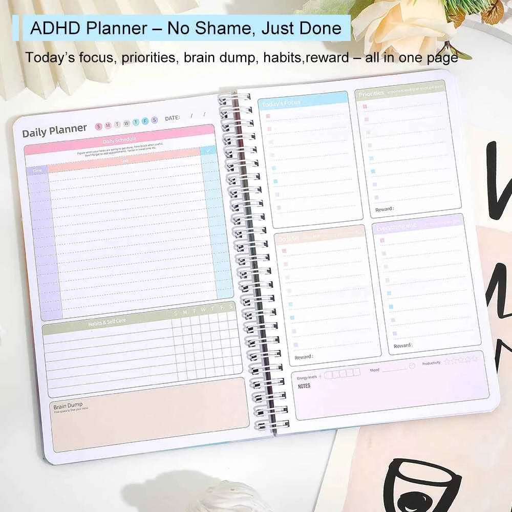 64 Sheets ADHD Daily Focus Planner A5 Notebook with Task Schedule Organizer Stickers for Neurodivergent Students Adults