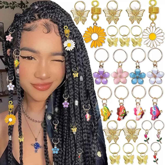 24 pieces of flower butterfly hair accessory pendant set, hair buckle and hair ring, colorful flowers, dazzling butterflies