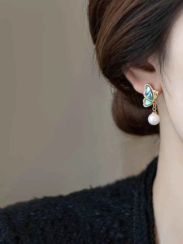 Korean new fashion jewelry 14K gold plated natural shell butterfly zircon pearl earrings elegant women's daily work accessories