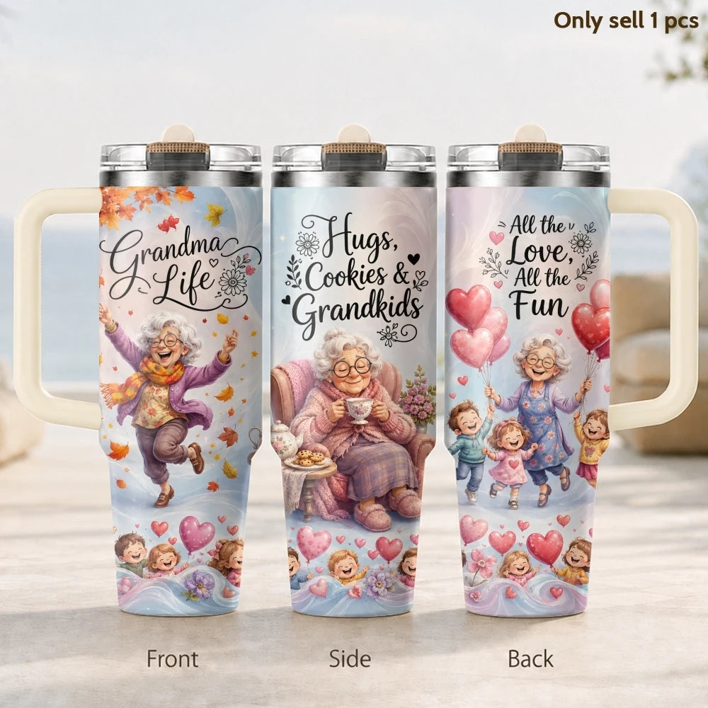 Happy Grandma Life Vacuum Flasks 40oz 3rd Gen Vacuum Insulated Stainless Steel Tumbler Cup with Handle Straw Lid