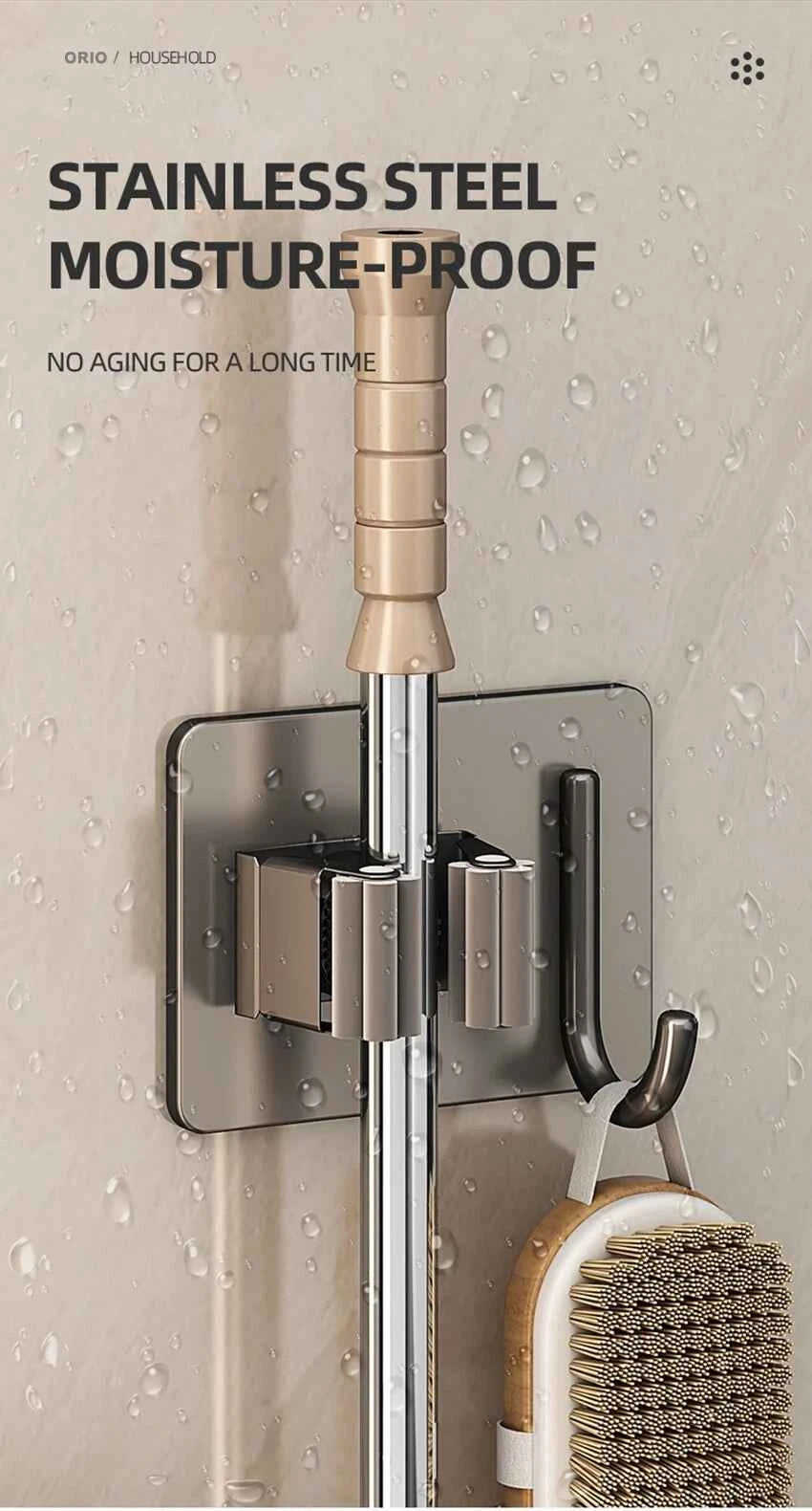 304 Stainless Steel Mop Holder Wall Mounted Adhesive Multi-Purpose Hooks Household Storage Organizer Rack Broom Hanger Stick