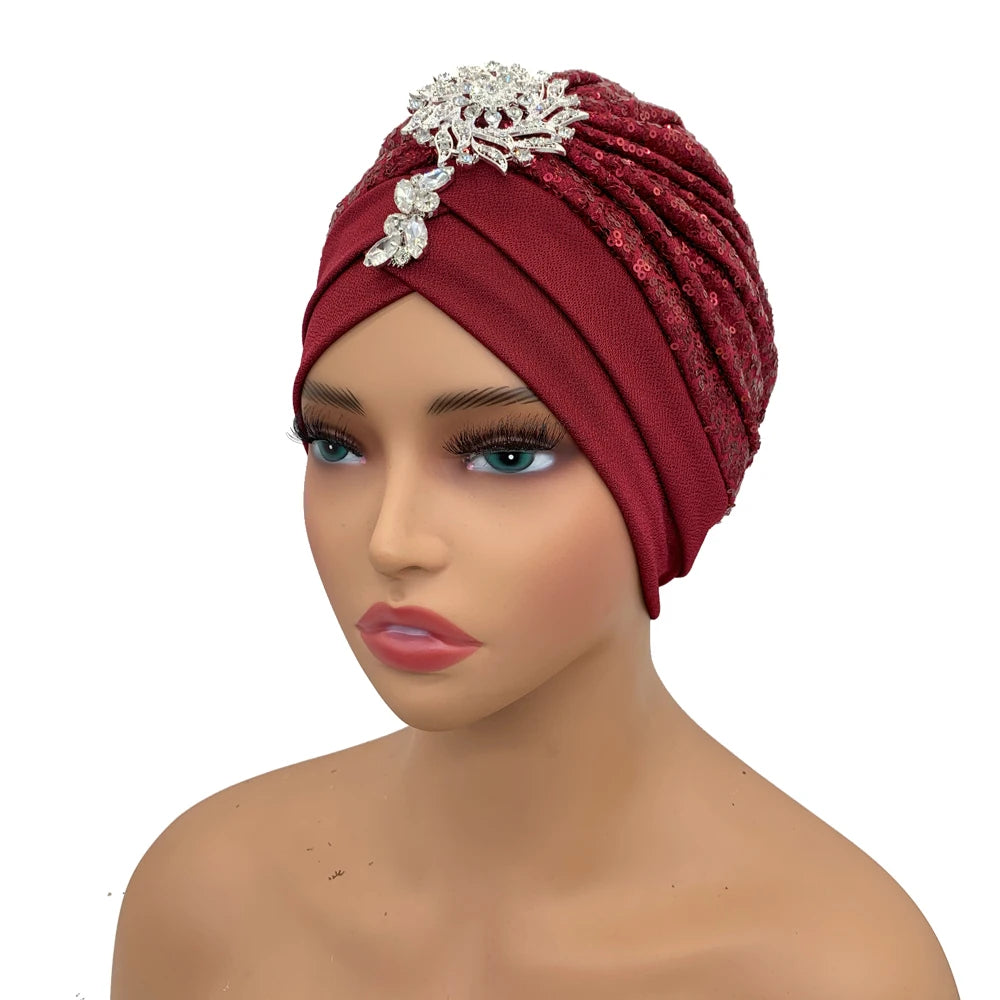 Luxury Rhinestones Turban Cap for Women Soft Comfortable Head Wraps Muslim Headscarf Bonnet  Turbante Mujer - NamafadStore