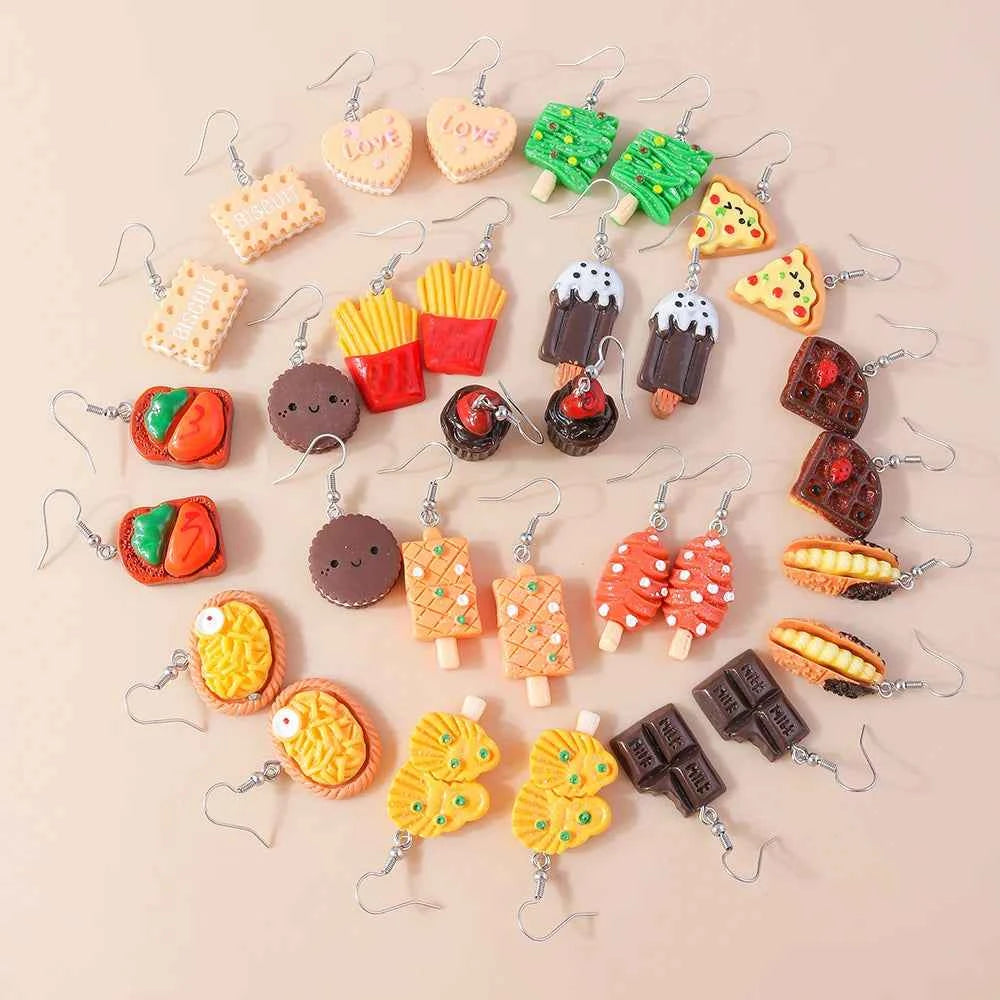 Cute Resin 3D Simulation Food Earrings for Women French Fries Cookies Ice Cream Hamburg Pizza Chocolate Girl Kids Gift
