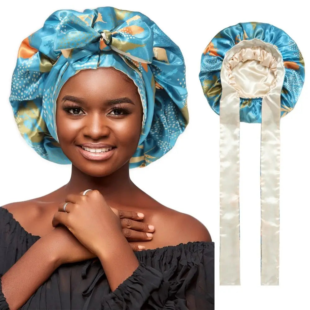 Double-layer Satin Sleep Cap Soft Stretchy Tie Band Adjustable Silk Hair Wrap Curly Hair Elastic Silky Satin Bonnet Sleeping