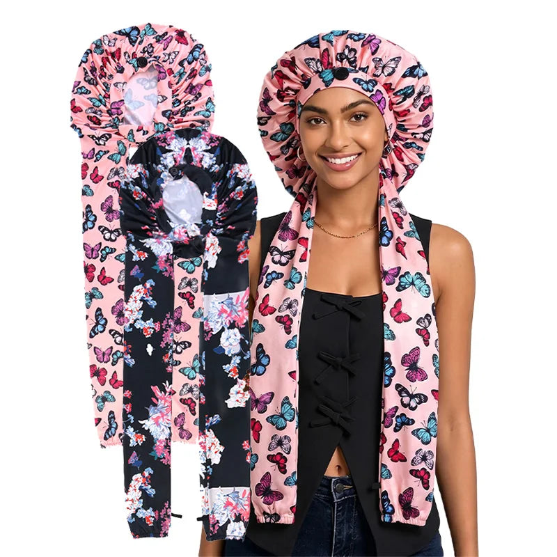2-Piece Ice Silk Hair Bonnet & Head Wrap – Long Tube Sleep Caps