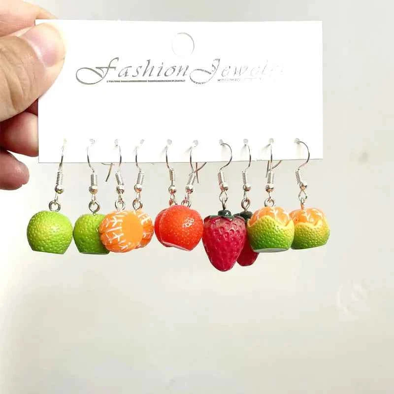 5 Pair Set Small Fresh Colored Resin Pendant Earrings Art Sweet and Cute Fruit Animal Milk Tea Earrings Female