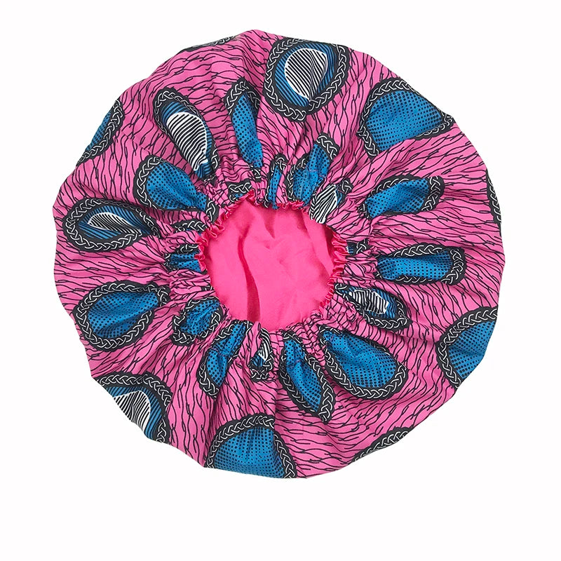 New African Ankara Pattern Satin Linned Bonnet Women Long Ribbon Headwrap Double Layer Headscarf Big Size Adult Hair Cover