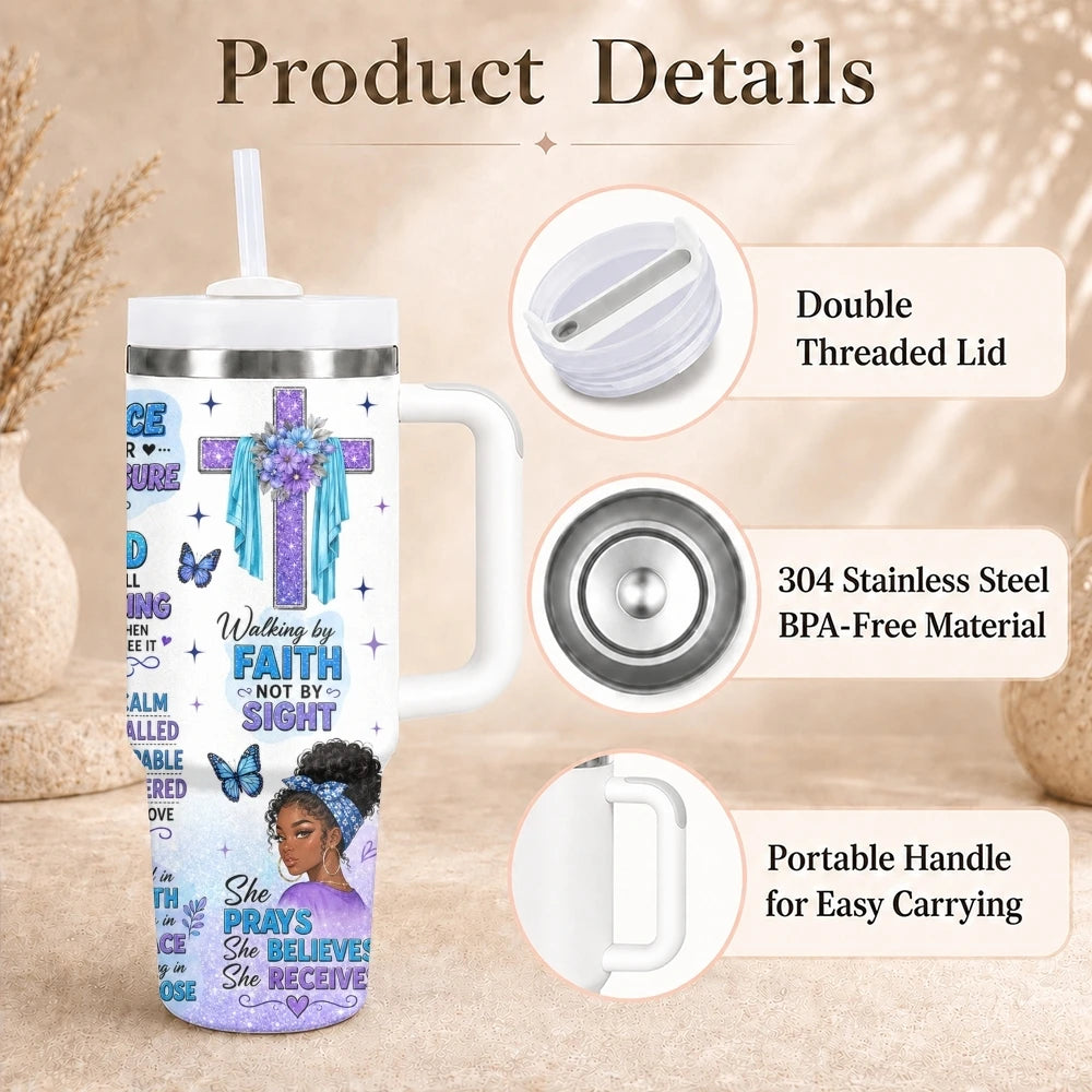 40oz Godly Black Woman Tumbler – Faith Quote Stainless Steel Travel Mug