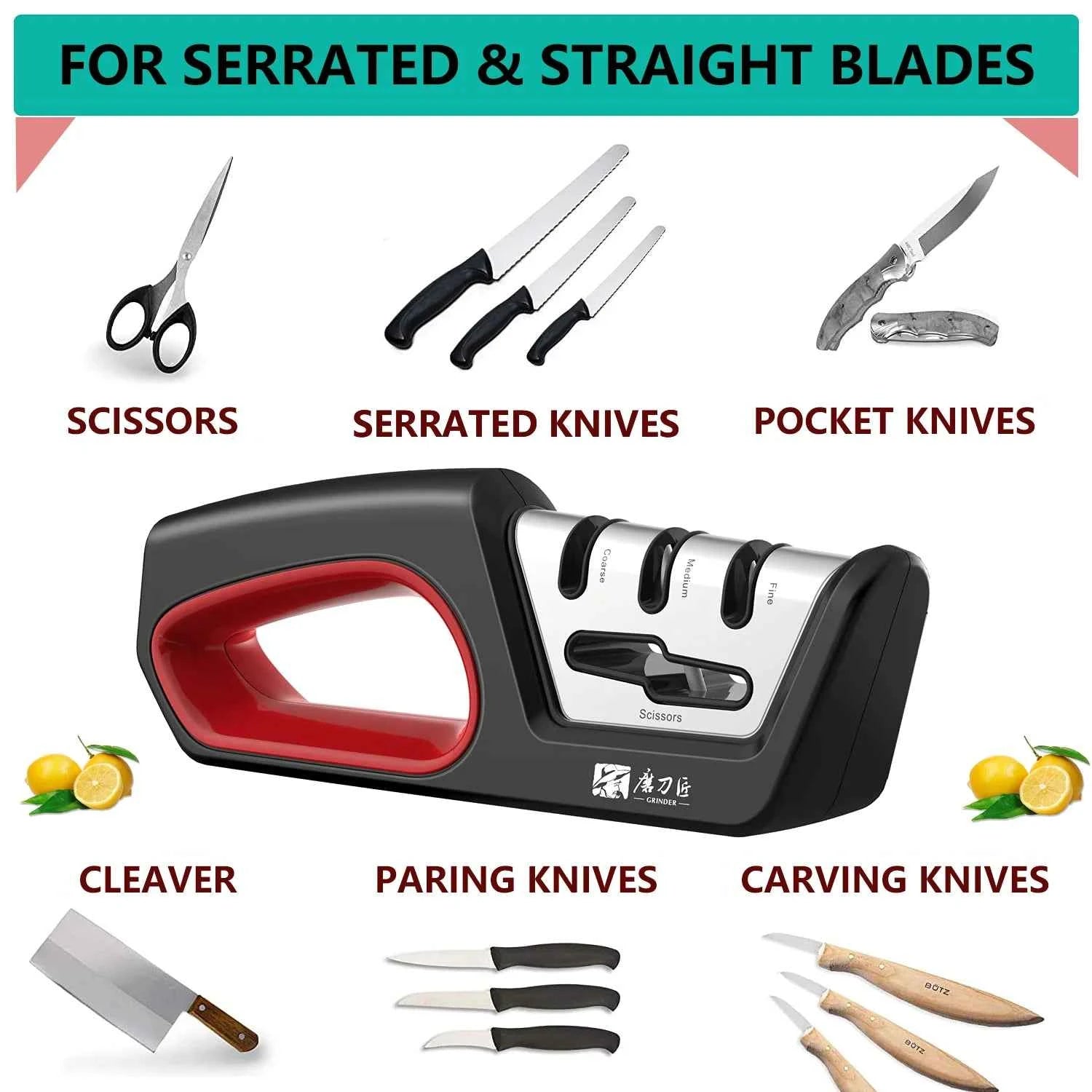 Four in one kitchen sharpener restores serrated blade knives and scissors, diamond tungsten steel ceramics