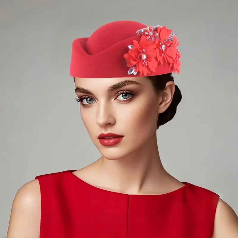 Red African Headtie Turban Hat for Women featuring floral embellishments, ideal for church, parties, and casual wear.