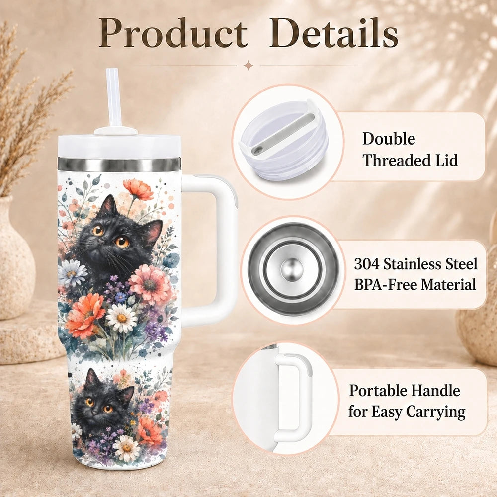 Cat & Floral 40oz Tumbler – Cute Stainless Steel Insulated Cup with Straw