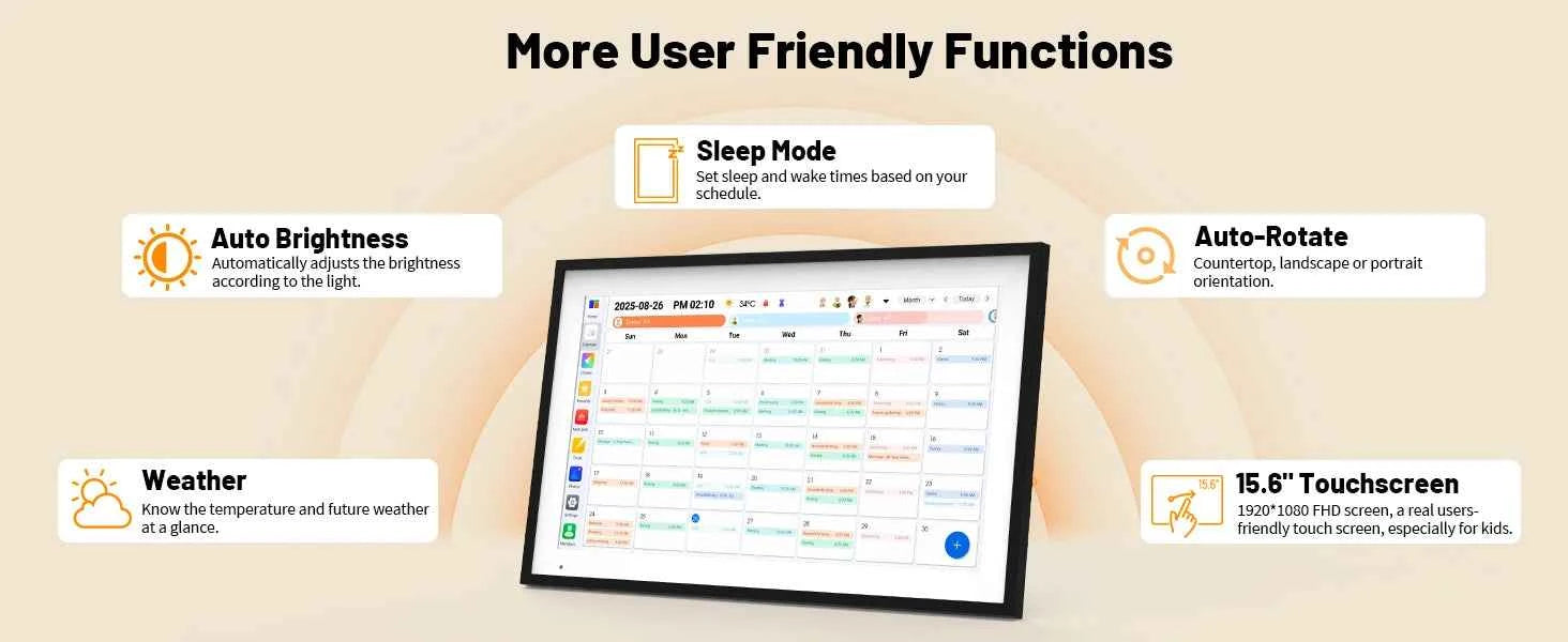 15.6 Inch Wall Planner Digital Calendar Chore Chart Smart Touchscreen Interactive Display APP Control 64GB for Family Schedules