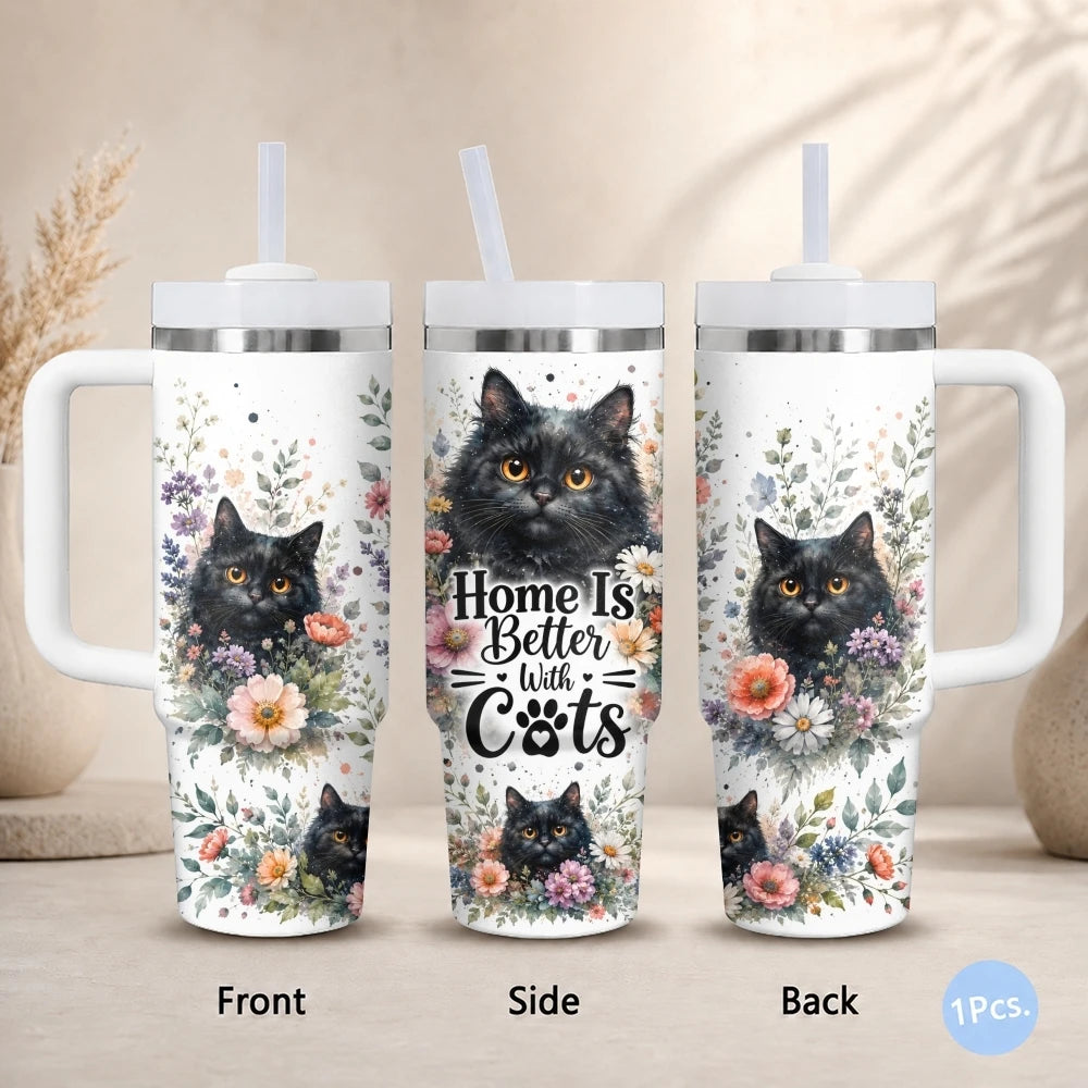 Cat & Floral 40oz Tumbler – Cute Stainless Steel Insulated Cup with Straw
