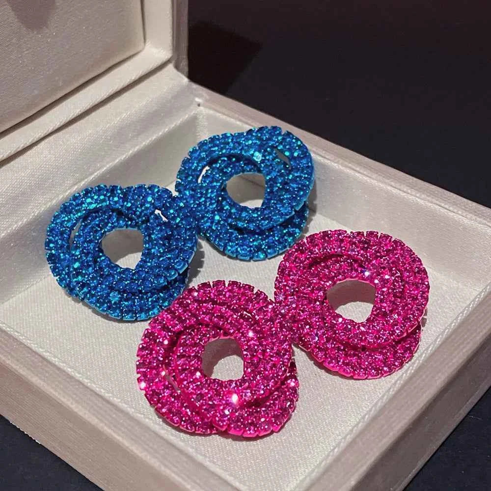 Luxury Shiny Colorful Rhinestones Stud Earrings for Women Bling Crystal Circle Flower Earrings Female Wedding Party Jewelry Gift