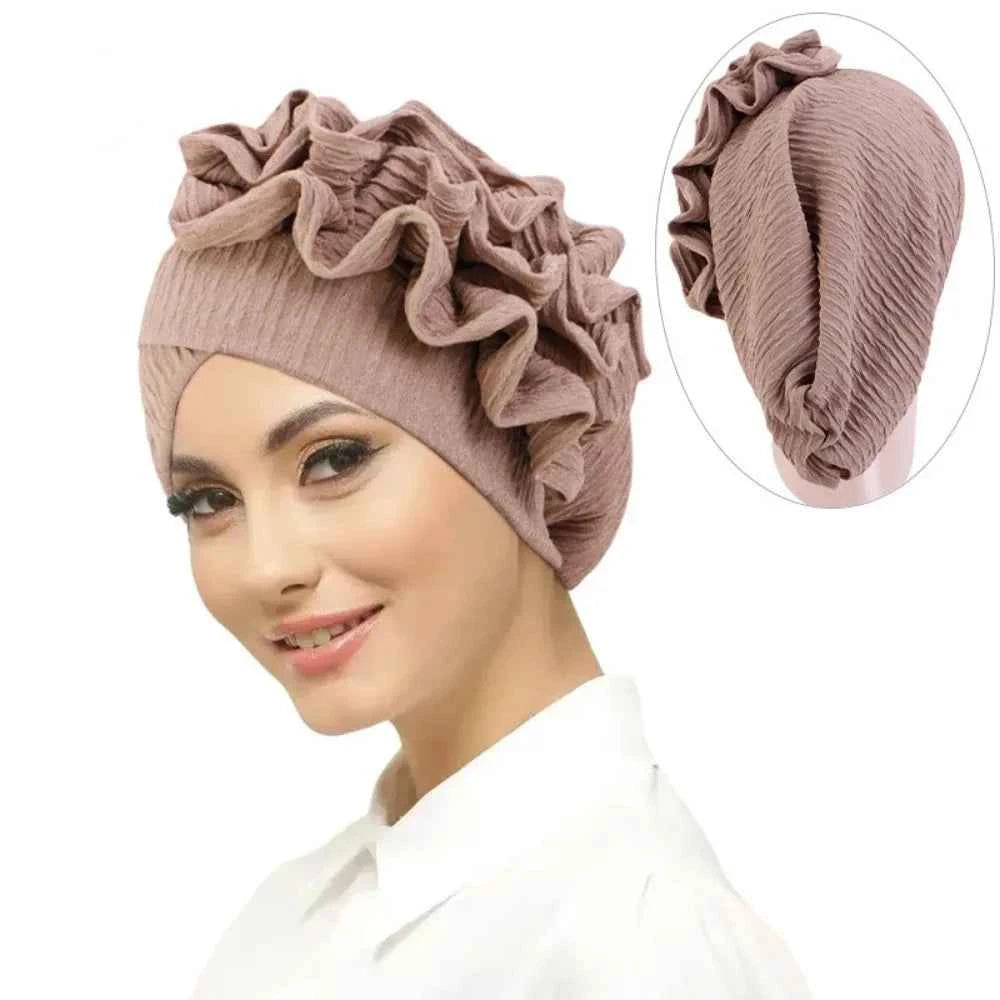 Elegant Elastic Flower Turban Hat Women Ruffle Flower Edge Pre Tied Bonnet Ramadan Chemo Cap For Wedding
