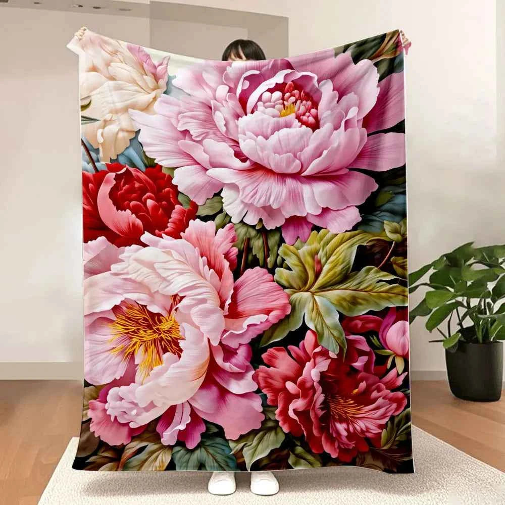 Peony Blush & Red Floral Throw Blanket - Soft, Lush Textured Design with Pink/Red Peonies, Golden-Yellow Stamens, Green Leaves -