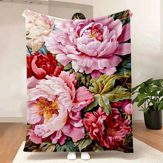 Peony Blush & Red Floral Throw Blanket - Soft, Lush Textured Design with Pink/Red Peonies, Golden-Yellow Stamens, Green Leaves -