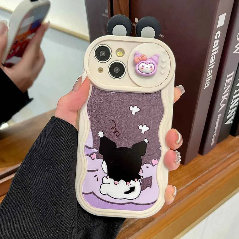 3D Ears Toy Kitty Kuromi Melody Cartoon Sliding Camera Case for iPhone 16 Pro Max 11 12 13 Pro 14 Plus 15 XS XR Wave Phone Capa