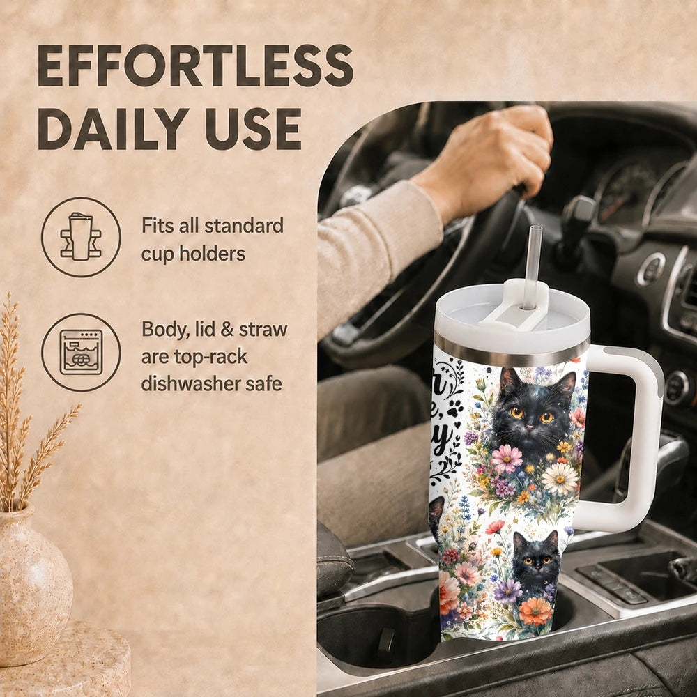 Cat & Floral 40oz Tumbler – Cute Stainless Steel Insulated Cup with Straw