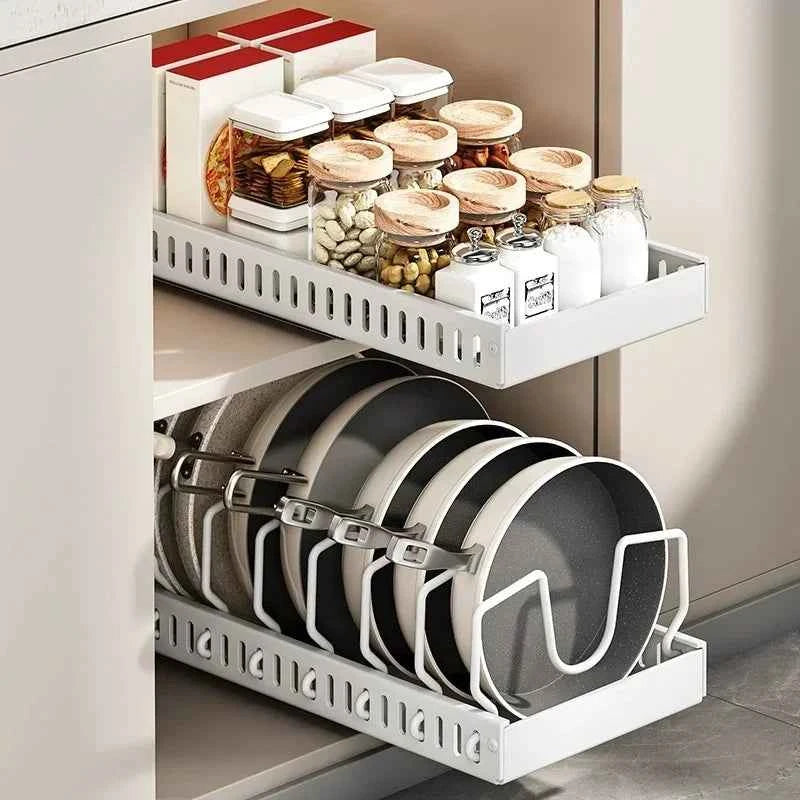 Adjustable Cookware Storage Rack, Kitchen Pull-out Shelf, Sliding Countertop and Dish Rack Inside Cabinets