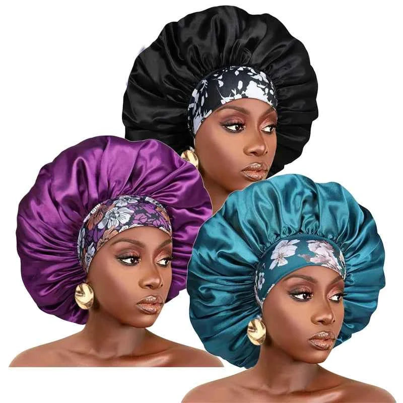 3PCS/LOT Extra Large Satin Sleep Caps For Women Hair Bonnets for Sleeping Braids Curly Night Cap Bath Shower Cap Accessories - NamafadStore