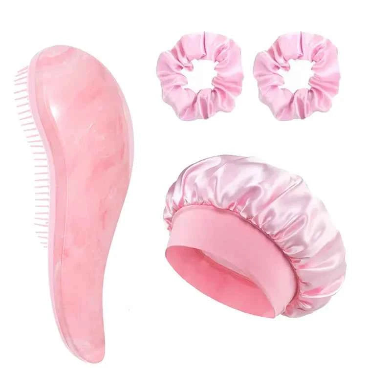 2/4Pcs Hair Care Set Scalp Massage Detangling Comb + Satin Sleep Cap + 2 Hair Scrunchies, Anti-Frizz Hair Accessories for Women