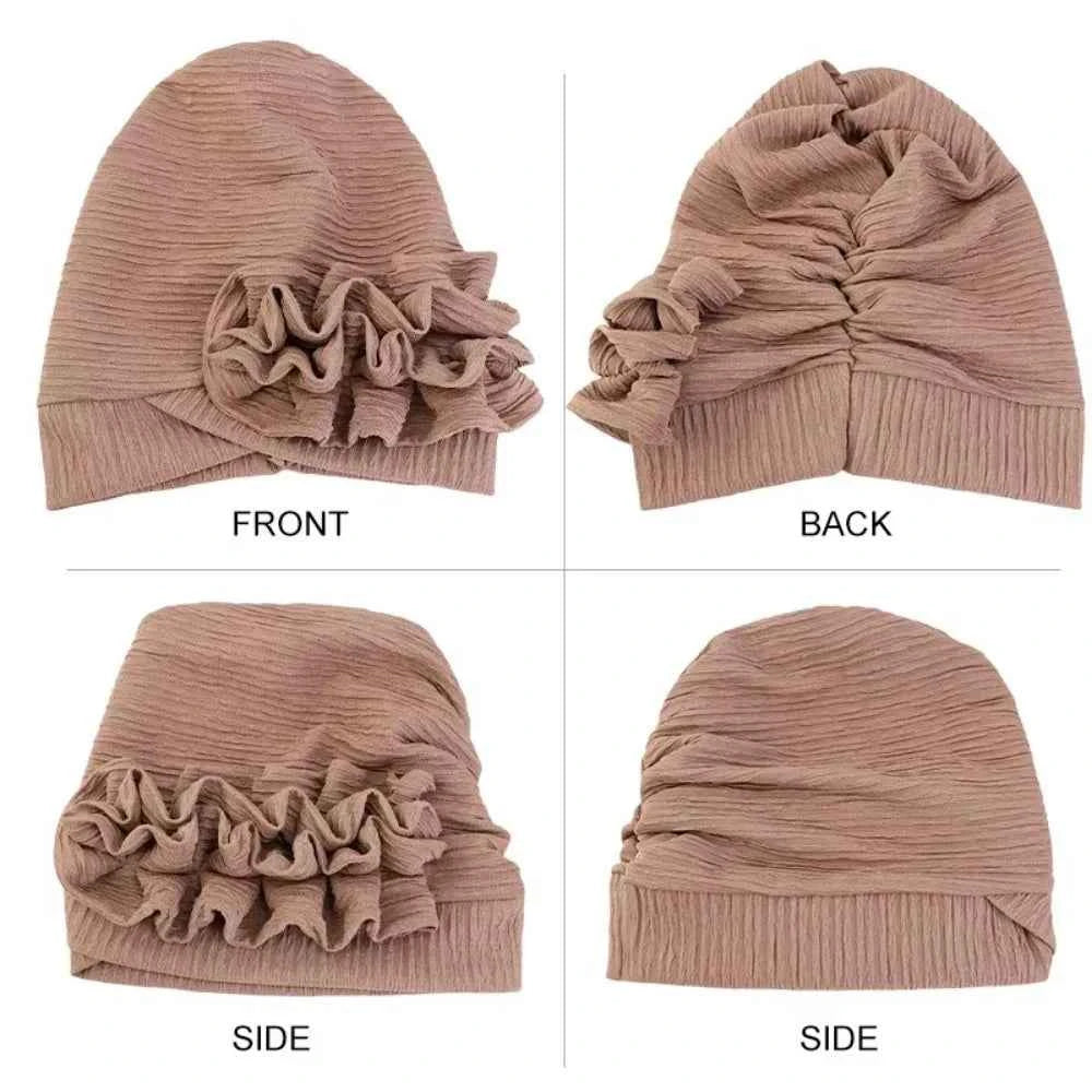 Elegant Elastic Flower Turban Hat Women Ruffle Flower Edge Pre Tied Bonnet Ramadan Chemo Cap For Wedding