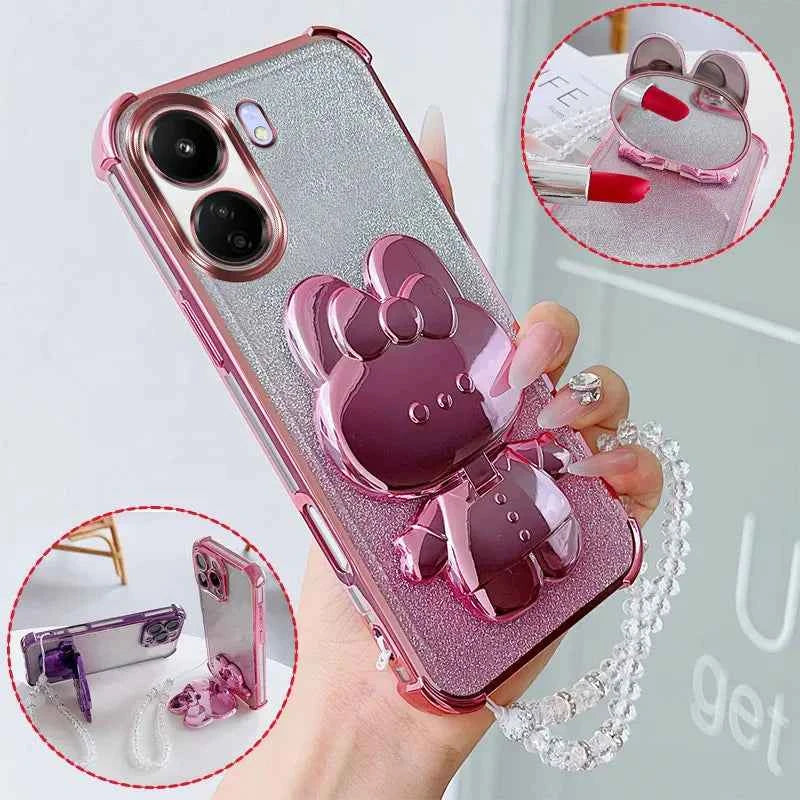 Luxury Shockproof Phone Case with Cute Rabbit Makeup Swivel Stand Crystal Lanyard For Xiaomi Redmi 13C 4G Poco C65 Back Cover