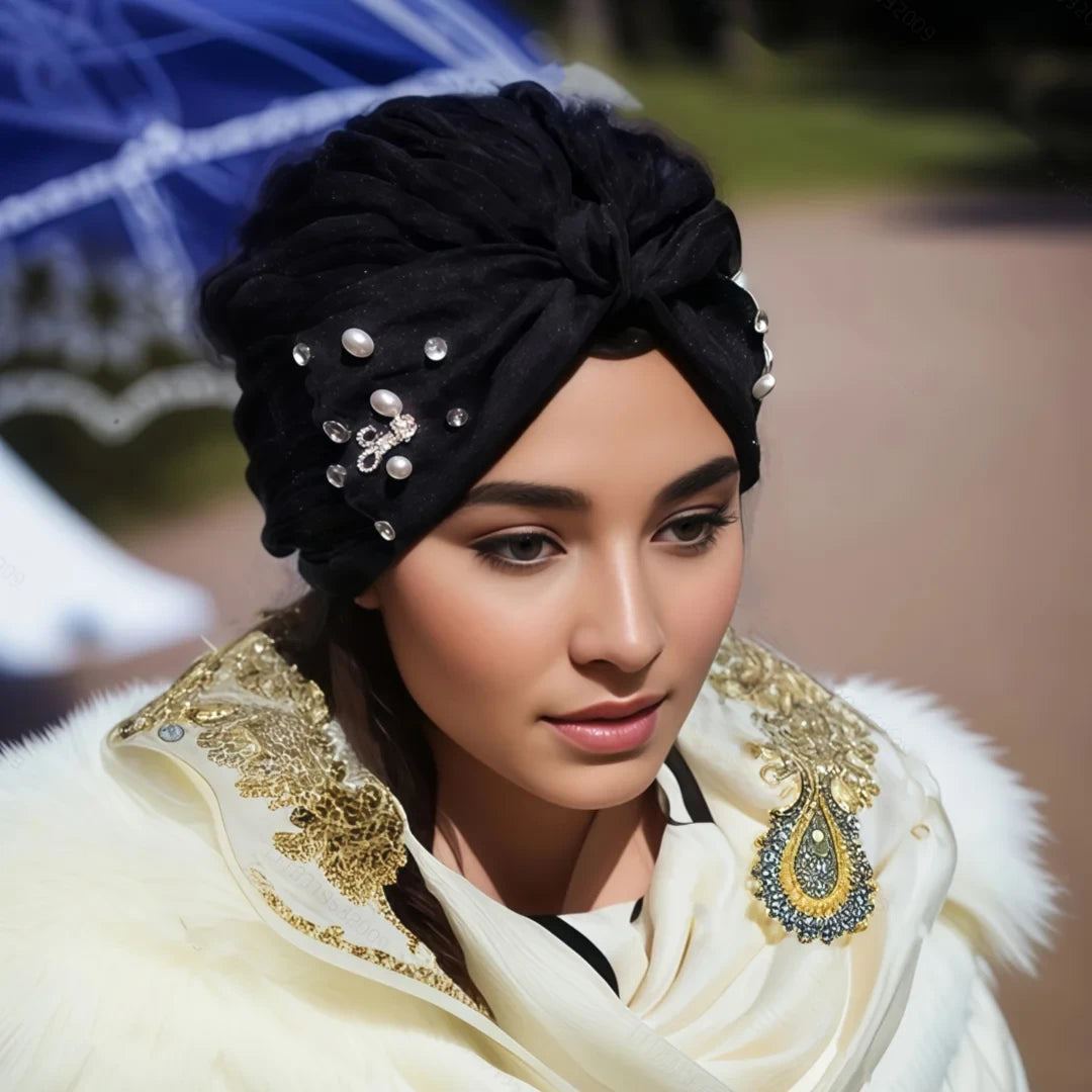 Indian Turban Hat for Women Rhinestone Stretch Headwarp Head Cover Bonnet Muslim Crysta Pleated Headscarf Hat