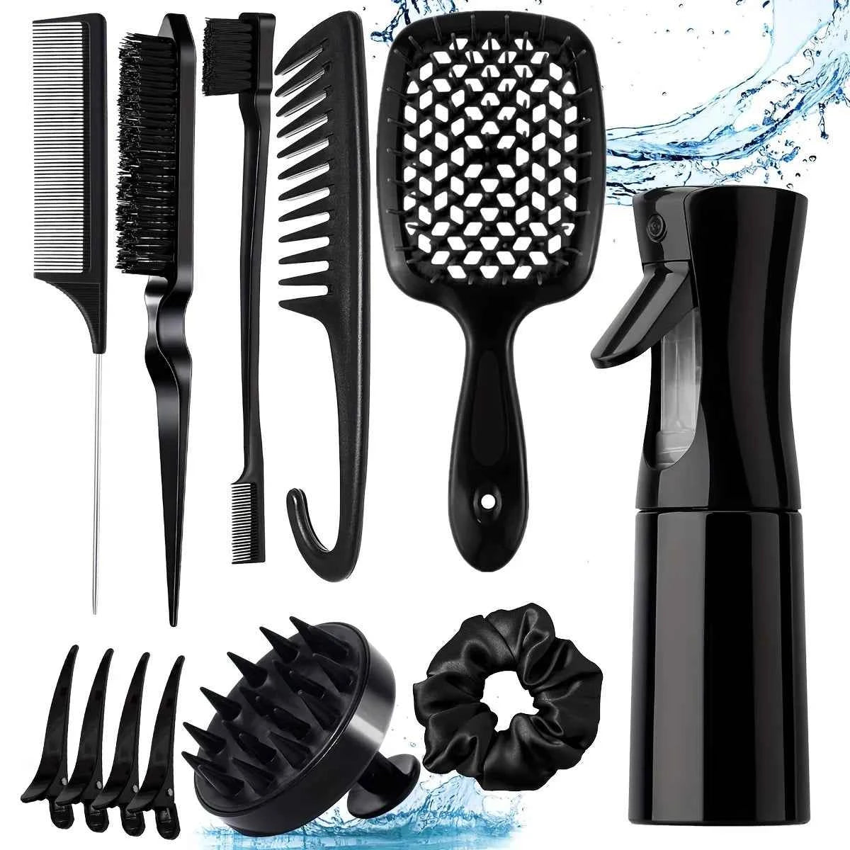 WANMEI 12pcs set Hair Styling Comb Set - Includes Rat Tail Edge Brush & Smooth Black Brush Barber Styling Tools for All Hair Typ