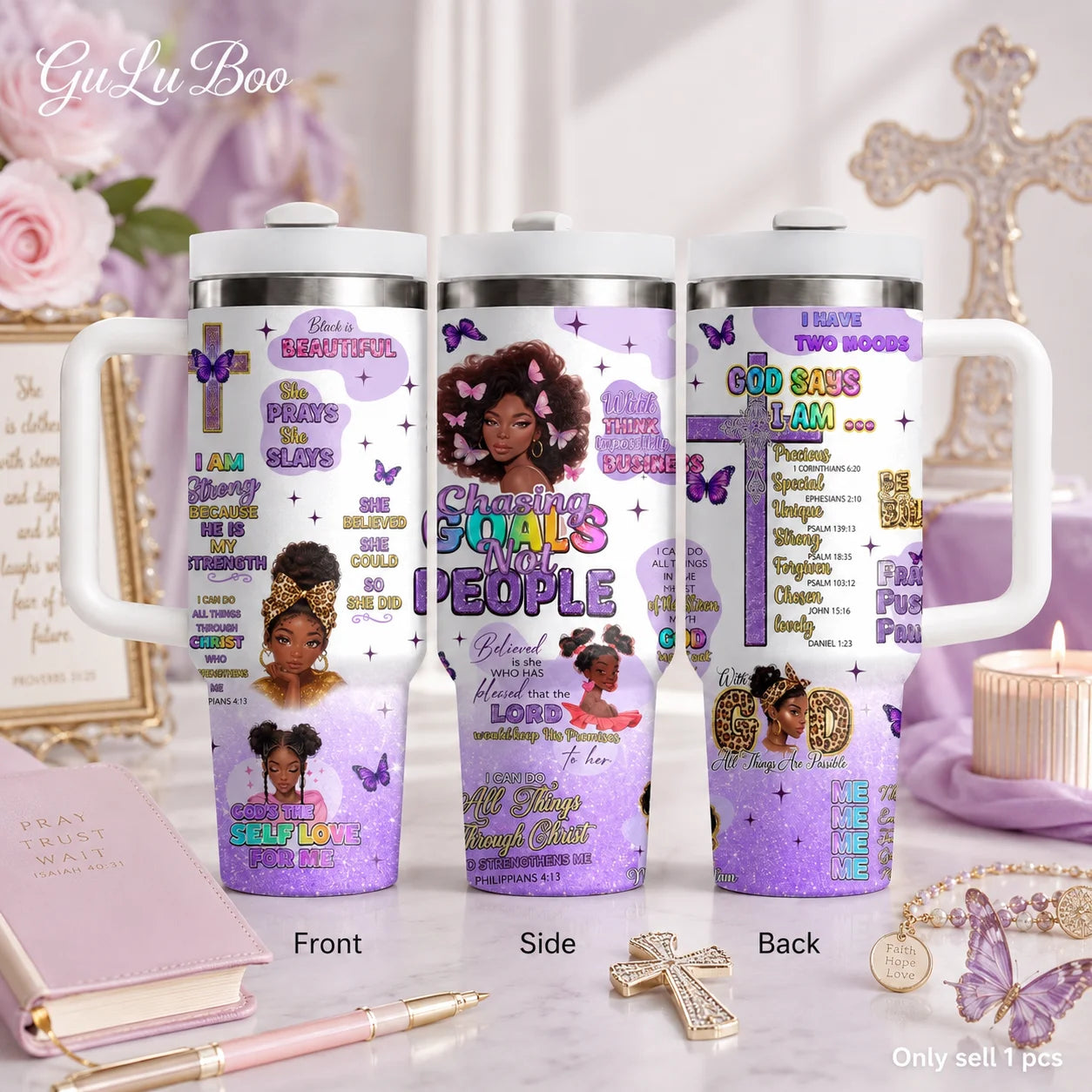 40oz Godly Black Woman Tumbler – Faith Quote Stainless Steel Travel Mug