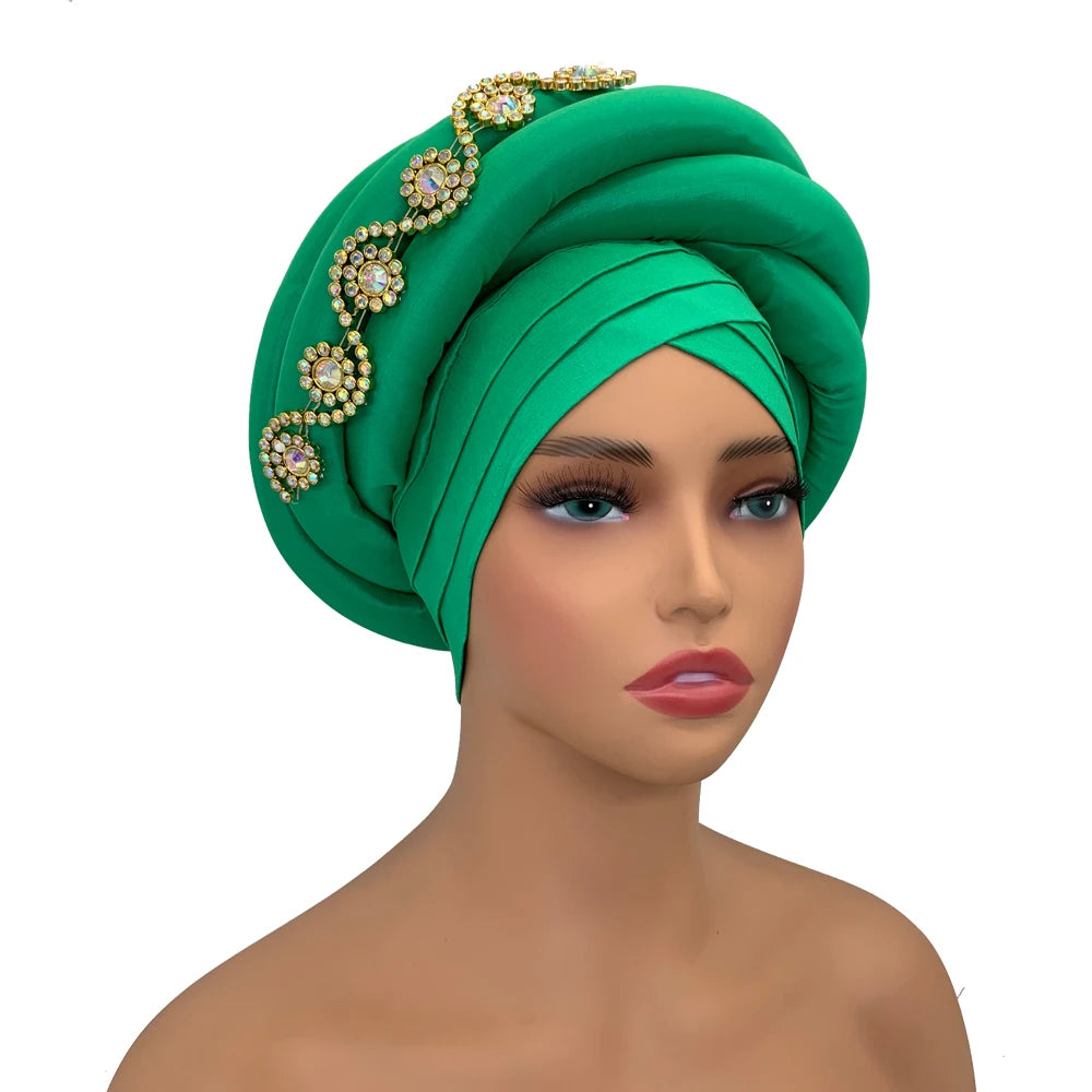Twisted Braid Turban Cap for Women African Lady Head Wraps Diamonds Nigeria Raw Silk Autogele Headtie Muslim Hat Party Headwear - NamafadStore