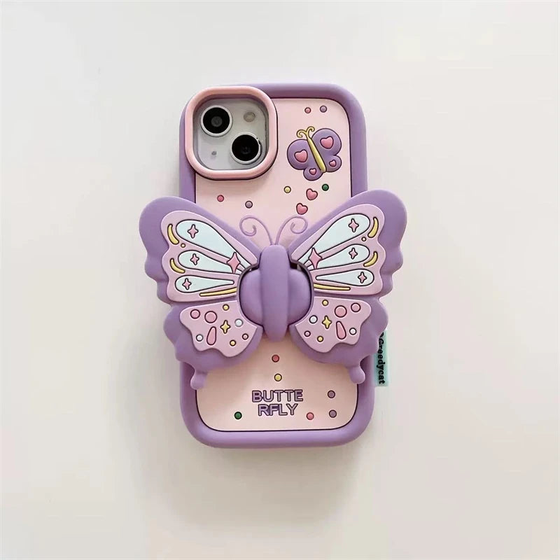 3D Butterfly Folding Stand Phone Holder Case For iPhone 16 15 14 13 12 Pro Max 11 8 7 6 Plus SE X XR Soft Silicone Cartoon Cover