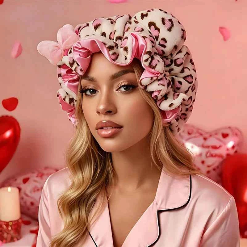 Unisex Leopard Plush Bow Sleep Bonnet Satin Lined Anti-Frizz Quick Dry Bath Cap Men Women Night Hair Protection Shower Head Wrap