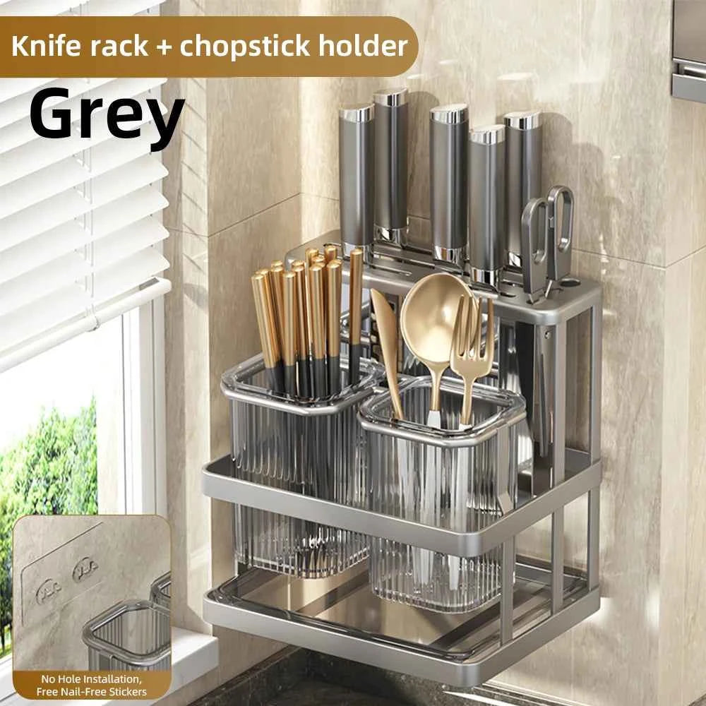 Wall Mounted Kitchen Cutlery Organizer Knife Spoon Fork Chopstick Drain Rack Drainer Utensil Kitchen Storage Punching Free NEW