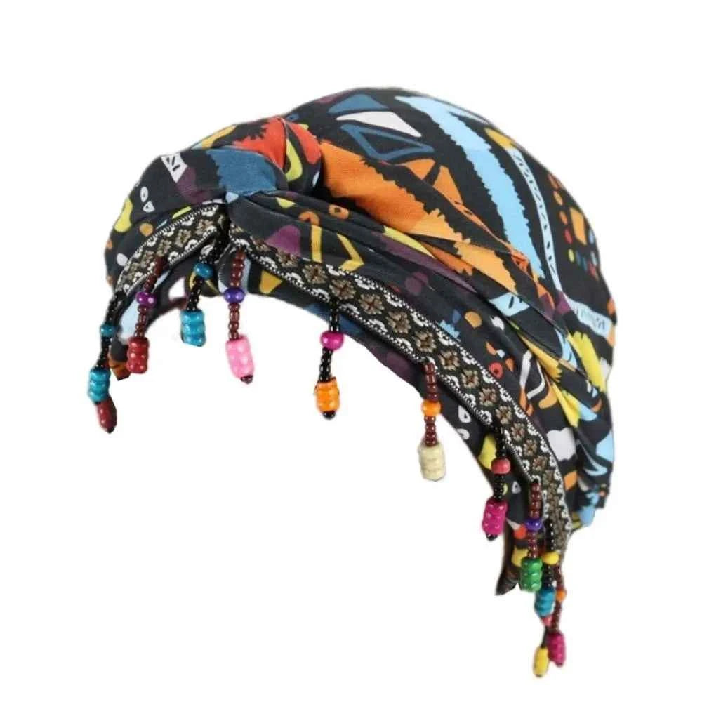 Bonnet Hat Elastic Colorful Beaded Headscarf Breathable Hijab Pre-tie Head Wraps Dome Indian Style Jacquard Pullover Cap Gifts
