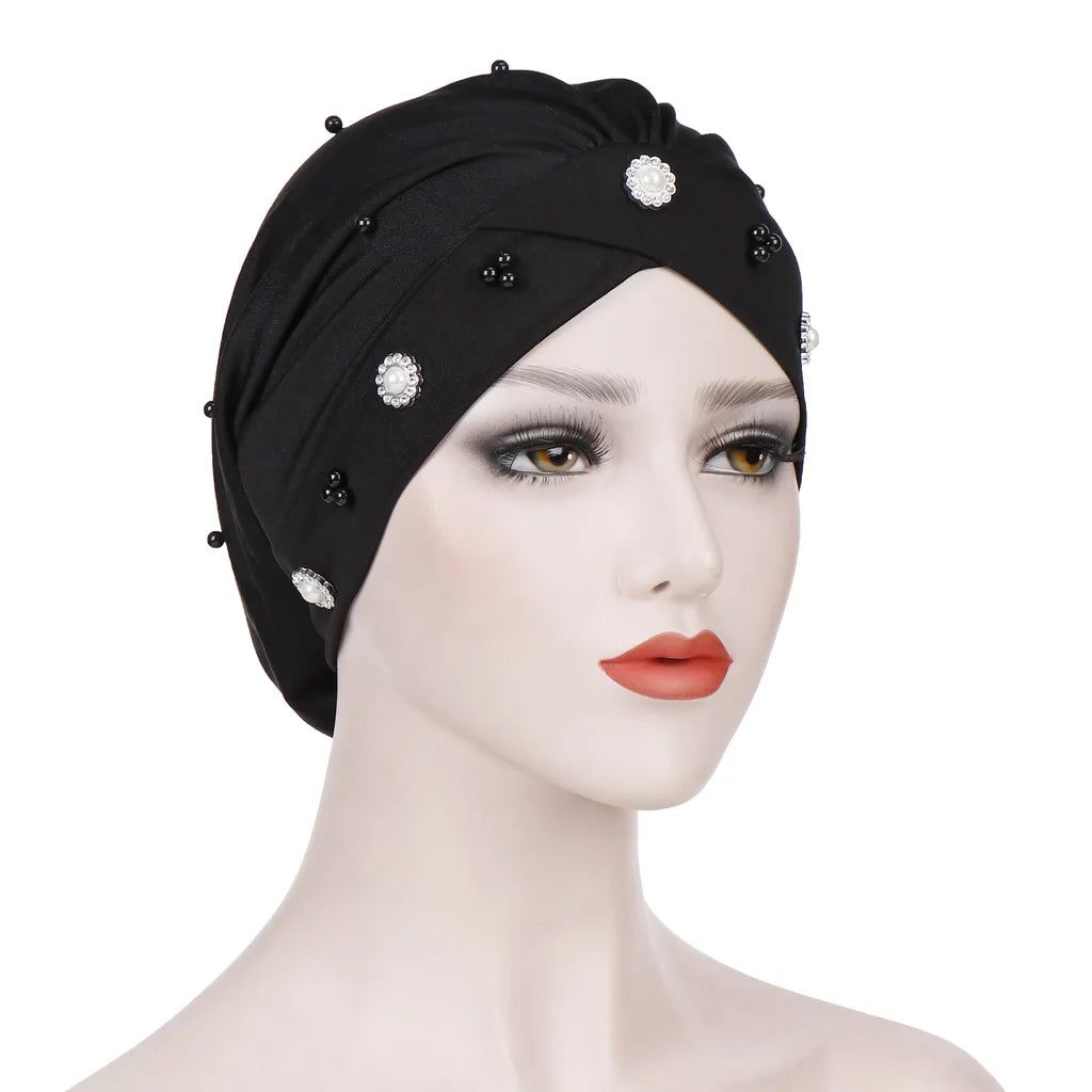 1PC New Women Elastic Turban Hat Muslim Hijab Islamic Beads Cancer Chemo Cap Ladies Hijab Stretch Head Wrap Head Scarf Hair Loss - NamafadStore