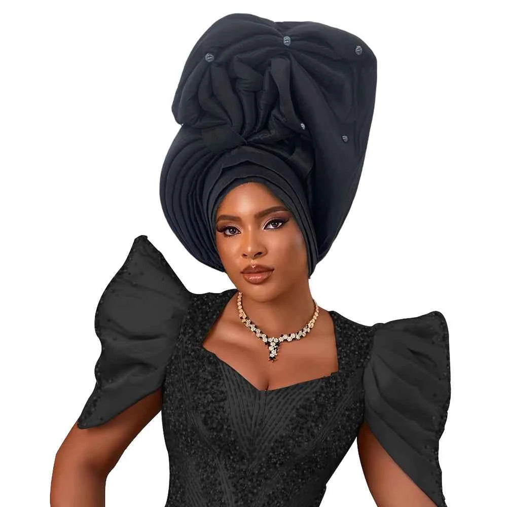 African Female Head Wraps Raw Silk Turban Cap for Women Nigeria Wedding Party Headcover Hat Ready to Wear Head Ties